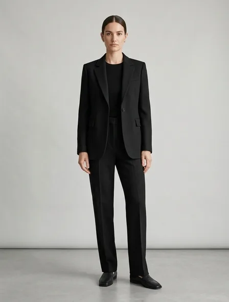 Minimalist suit on a model: clean lines, neutral colors, simple silhouettes