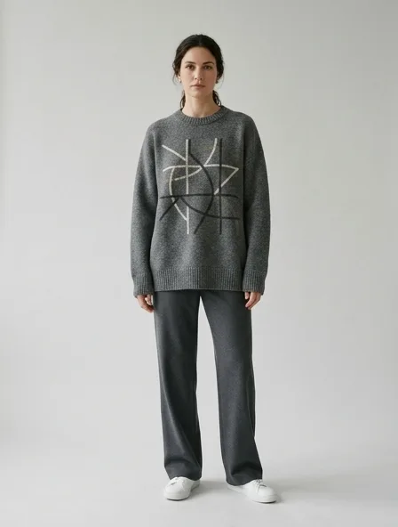 Minimalist sweater on a model: clean lines, neutral colors, simple silhouettes