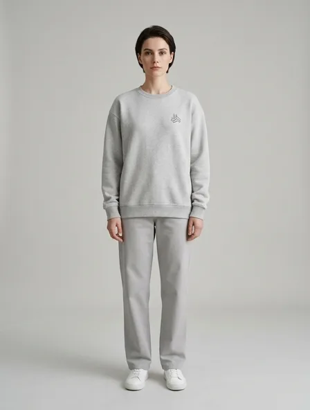 Minimalist sweatshirt on a model: clean lines, neutral colors, simple silhouettes