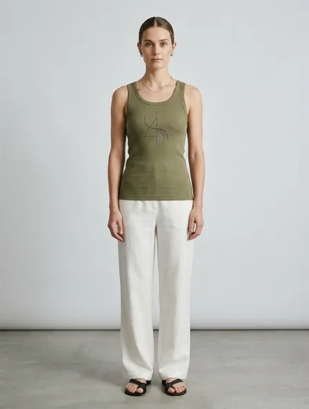 Minimalist tank top on a model: clean lines, neutral colors, simple silhouettes