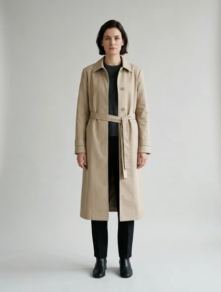 Minimalist trench coat on a model: clean lines, neutral colors, simple silhouettes