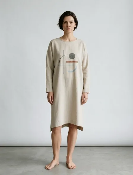 Minimalist tunic on a model: clean lines, neutral colors, simple silhouettes