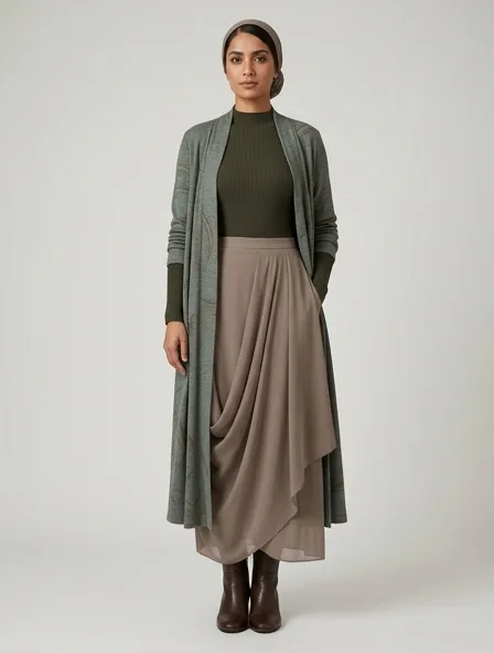 Modest bodysuit on a model: elegant coverage, flowing fabrics, layered styling
