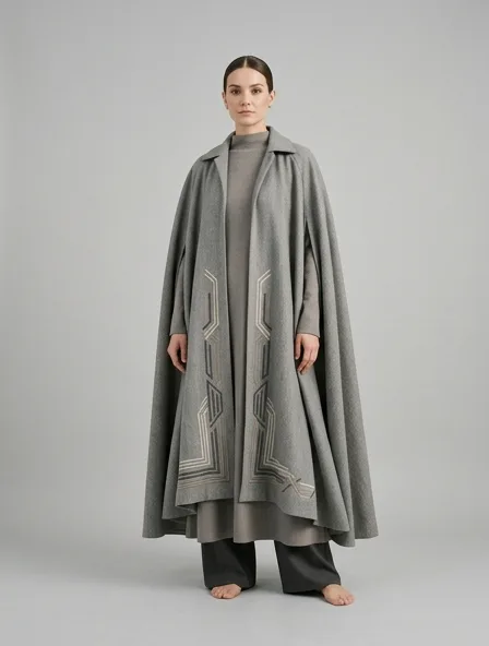 Modest cape on a model: elegant coverage, flowing fabrics, layered styling