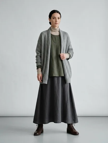 Modest cardigan on a model: elegant coverage, flowing fabrics, layered styling