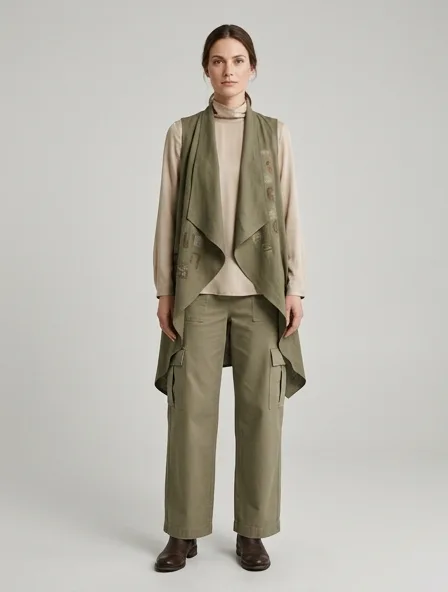 Modest cargo pants on a model: elegant coverage, flowing fabrics, layered styling