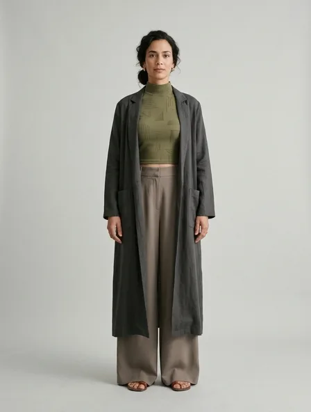 Modest crop top on a model: elegant coverage, flowing fabrics, layered styling
