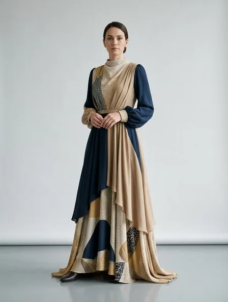 Modest gown on a model: elegant coverage, flowing fabrics, layered styling