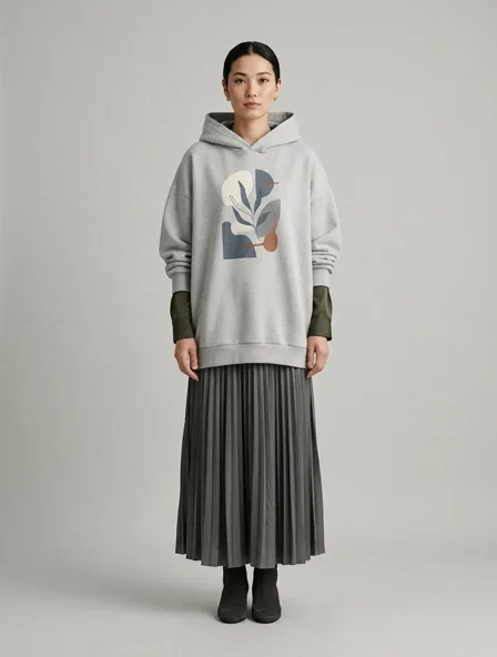 Modest hoodie on a model: elegant coverage, flowing fabrics, layered styling
