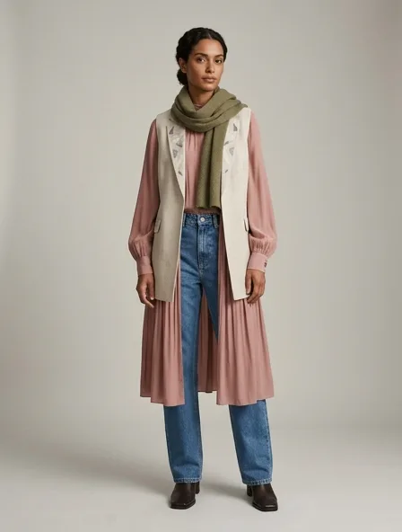 Modest jeans on a model: elegant coverage, flowing fabrics, layered styling