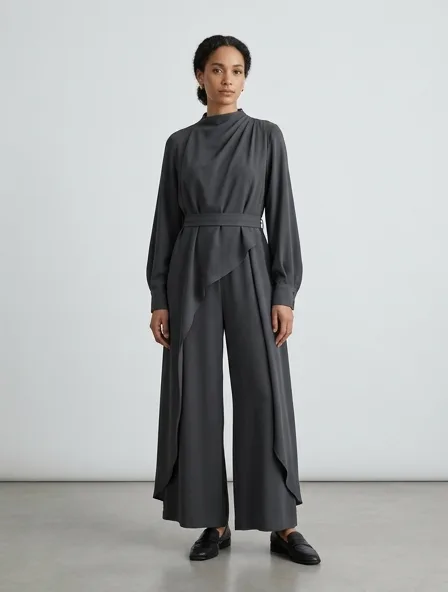 Modest jumpsuit on a model: elegant coverage, flowing fabrics, layered styling