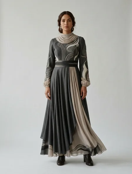 Modest maxi dress on a model: elegant coverage, flowing fabrics, layered styling