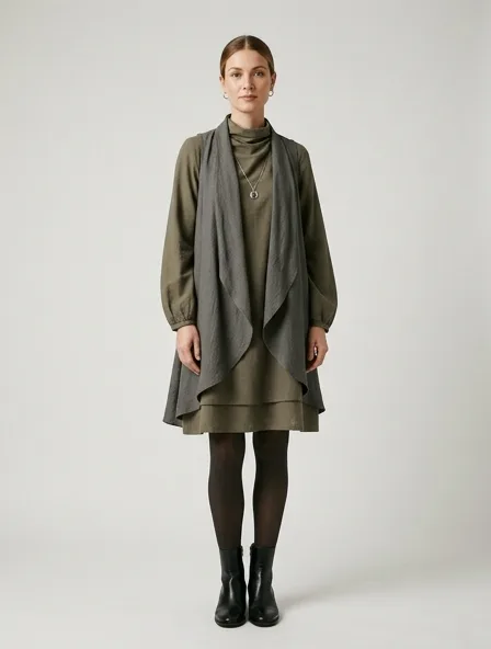 Modest mini dress on a model: elegant coverage, flowing fabrics, layered styling