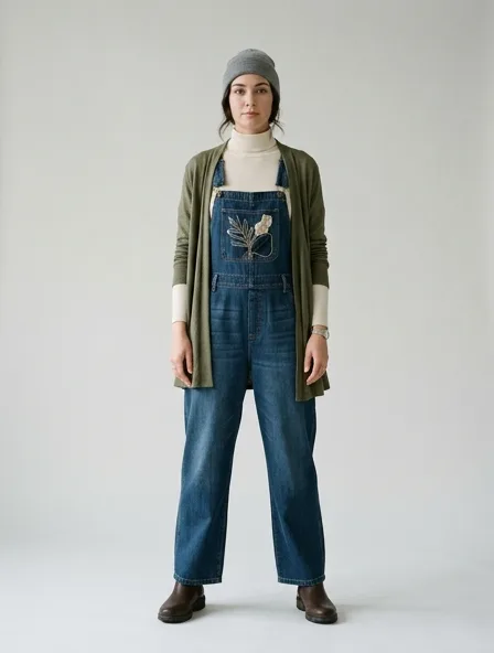Modest overalls on a model: elegant coverage, flowing fabrics, layered styling