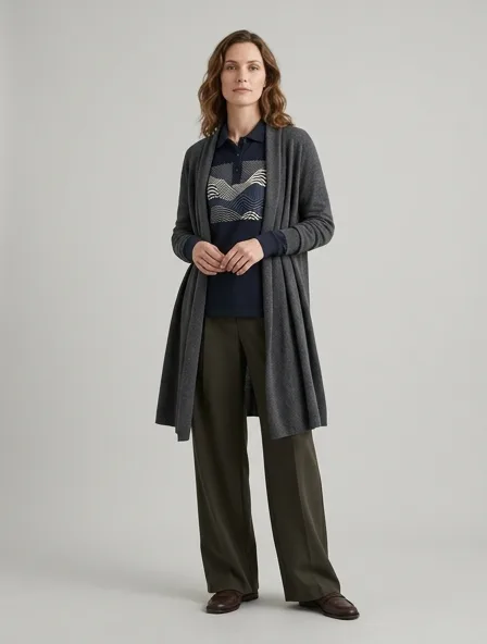 Modest polo shirt on a model: elegant coverage, flowing fabrics, layered styling