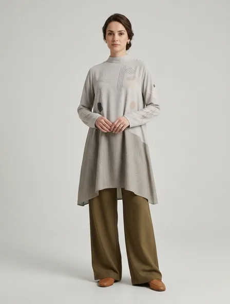 Modest shirt on a model: elegant coverage, flowing fabrics, layered styling