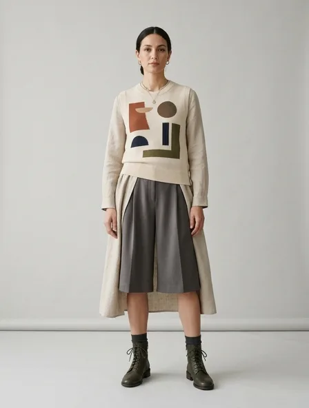 Modest shorts on a model: elegant coverage, flowing fabrics, layered styling