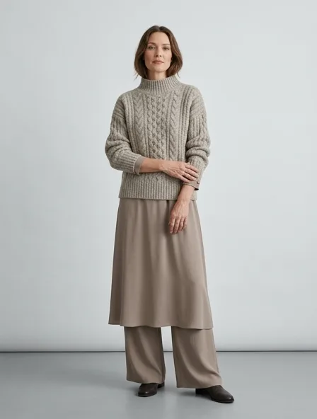 Modest sweater on a model: elegant coverage, flowing fabrics, layered styling