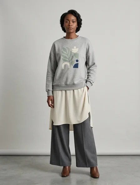 Modest sweatshirt on a model: elegant coverage, flowing fabrics, layered styling