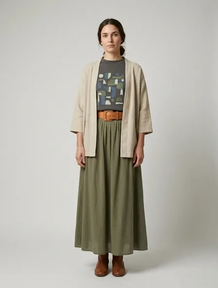 Modest t-shirt on a model: elegant coverage, flowing fabrics, layered styling