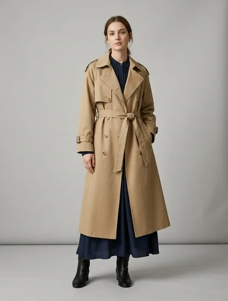 Modest trench coat on a model: elegant coverage, flowing fabrics, layered styling