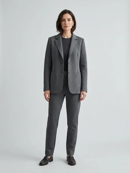 Blazer in scuba knit, on a model in a studio