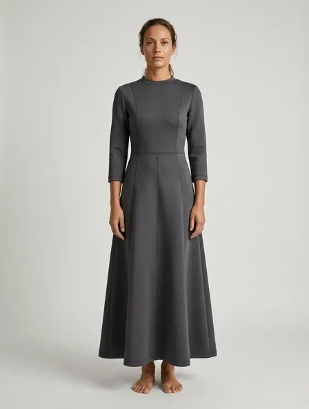 Dress in scuba knit, on a model in a studio