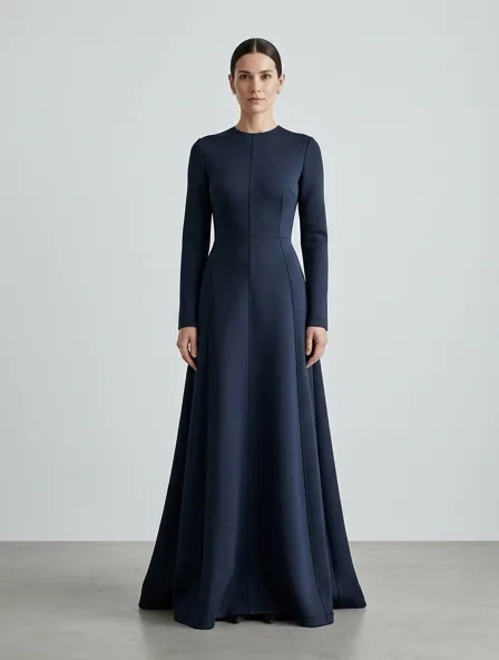 Gown in scuba knit, on a model in a studio