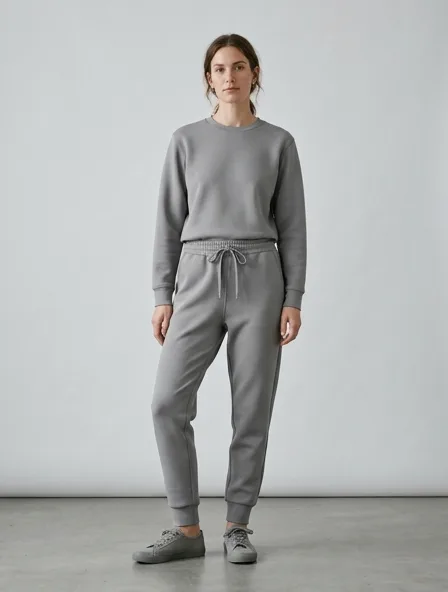 Joggers in scuba knit, on a model in a studio