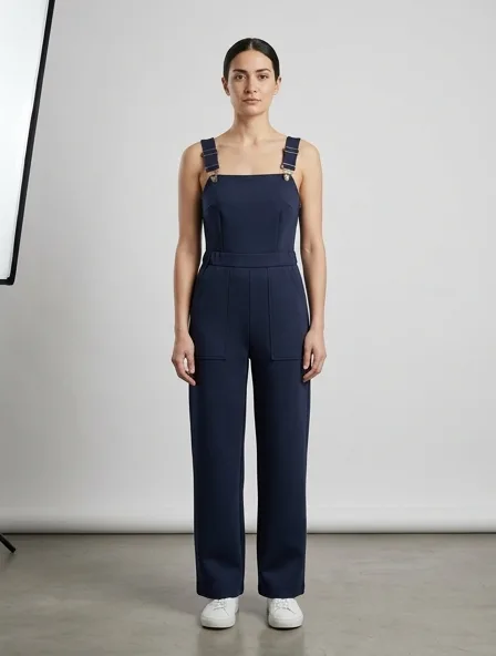 Overalls in scuba knit, on a model in a studio