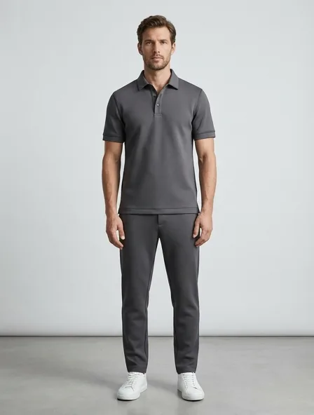 Polo shirt in scuba knit, on a model in a studio