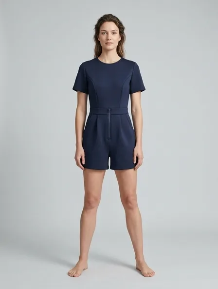 Romper in scuba knit, on a model in a studio