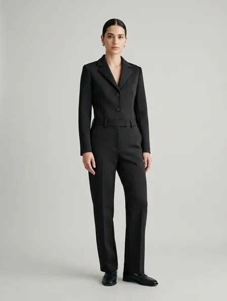 Suit in scuba knit, on a model in a studio