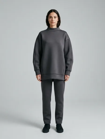 Sweater in neoprene, on a model in a studio