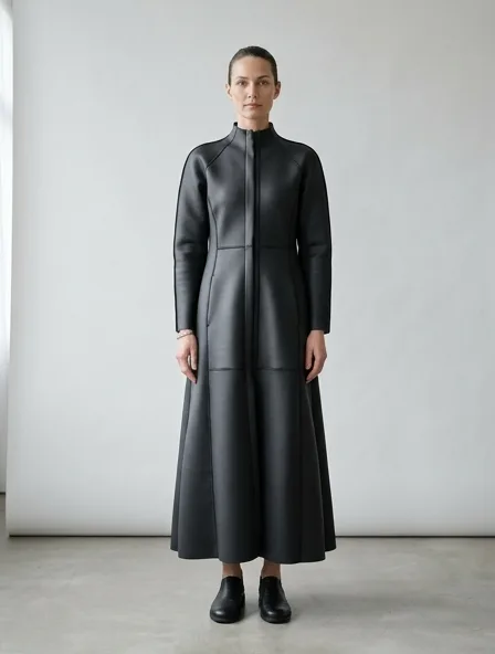 Tunic in neoprene, on a model in a studio