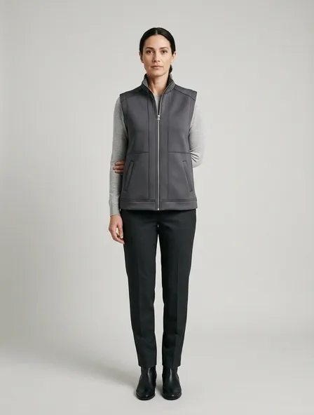 Vest in scuba knit, on a model in a studio