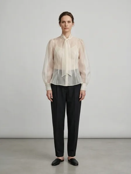 Blouse in organza, on a model in a studio