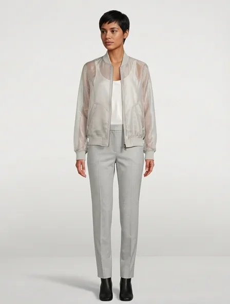 Bomber jacket in organza, on a model in a studio
