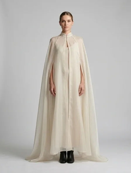Cape in organza, on a model in a studio