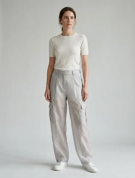 Cargo pants in organza, on a model in a studio