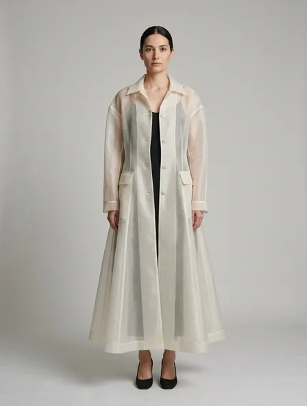 Coat in organza, on a model in a studio