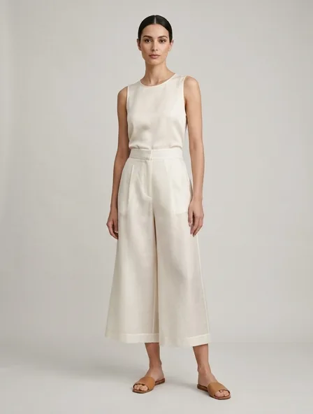 Culottes in organza, on a model in a studio