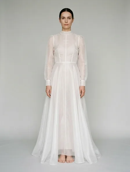 Maxi dress in organza, on a model in a studio