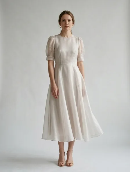 Midi dress in organza, on a model in a studio