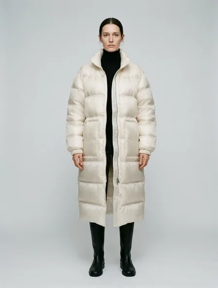 Puffer jacket in organza, on a model in a studio