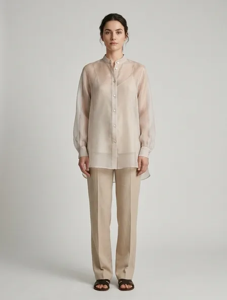 Shirt in organza, on a model in a studio