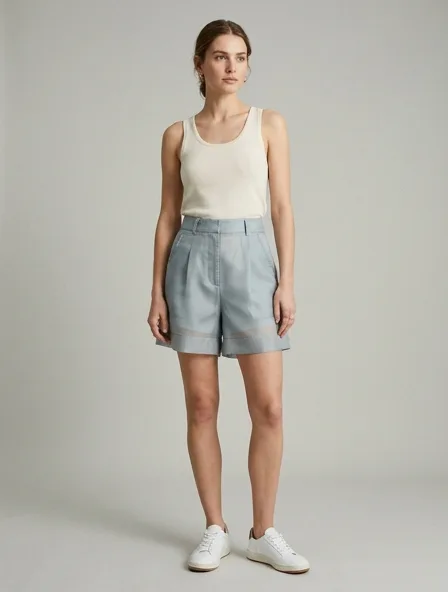 Shorts in organza, on a model in a studio