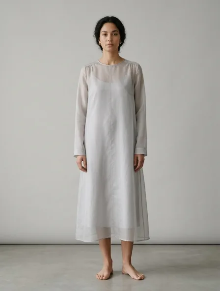 Tunic in organza, on a model in a studio