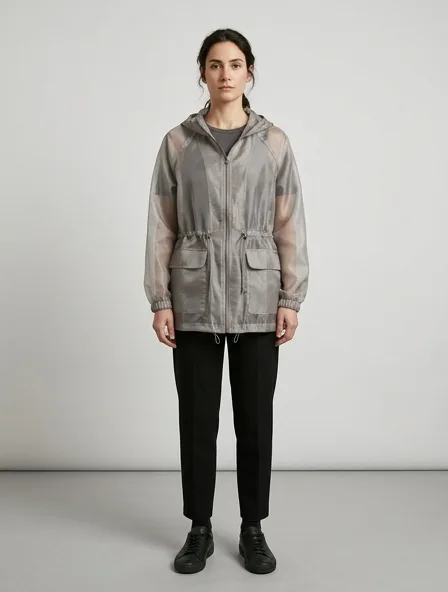 Windbreaker in organza, on a model in a studio