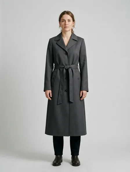Coat in polyester gabardine, on a model in a studio